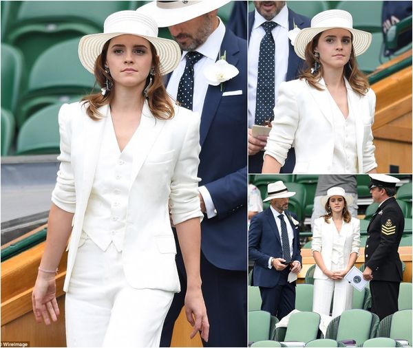 Dazzling in Wimbledon Whites: Emma Watson Stuns in Ivory Ensemble and Stylish Wide-Brimmed Hat.